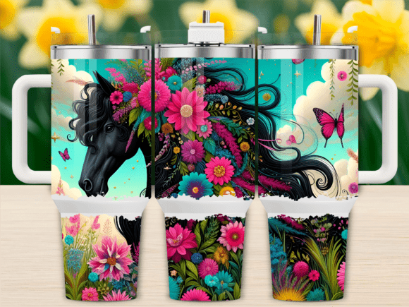 Black Horse with Flowers 40oz Tumbler Graphics & Freebies