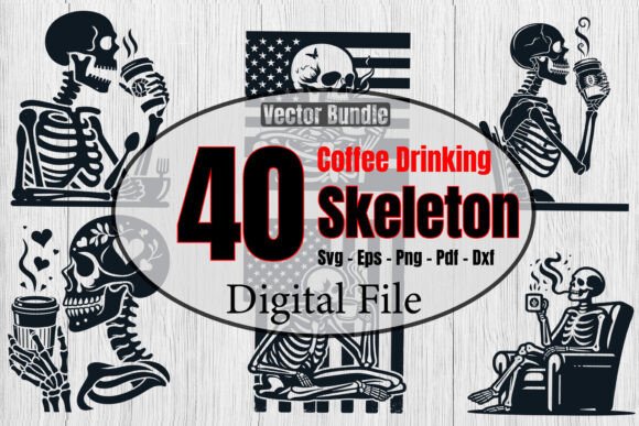 Coffee Drinking Skeleton Skull Bundle: Graphics for Crafts