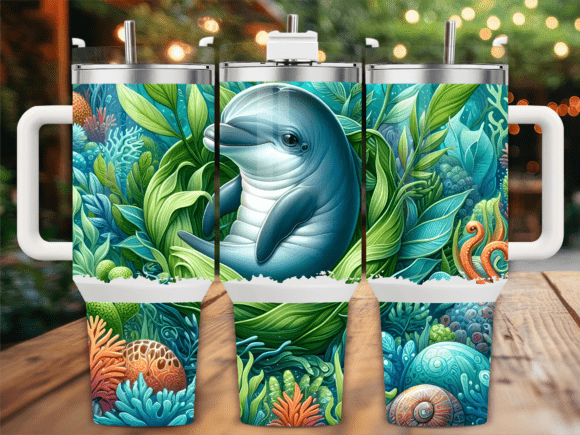 Cute Dolphin Among Plants Tumbler Wraps Graphics