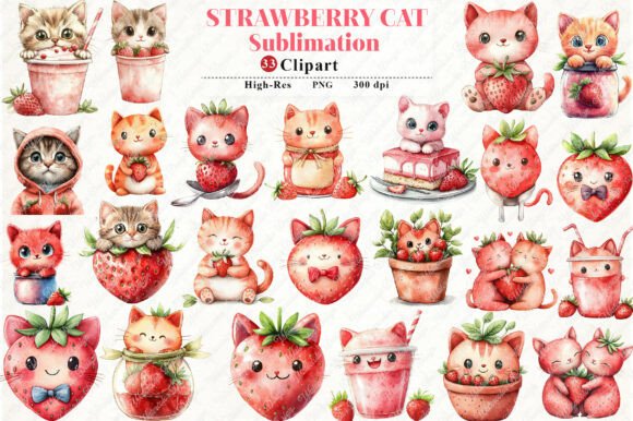 Strawberry Cat Sublimation Clipart: Graphics & Illustrations for Publishers