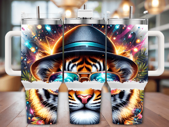 Tiger with Hat Glasses 40oz Tumbler Wrap Graphics